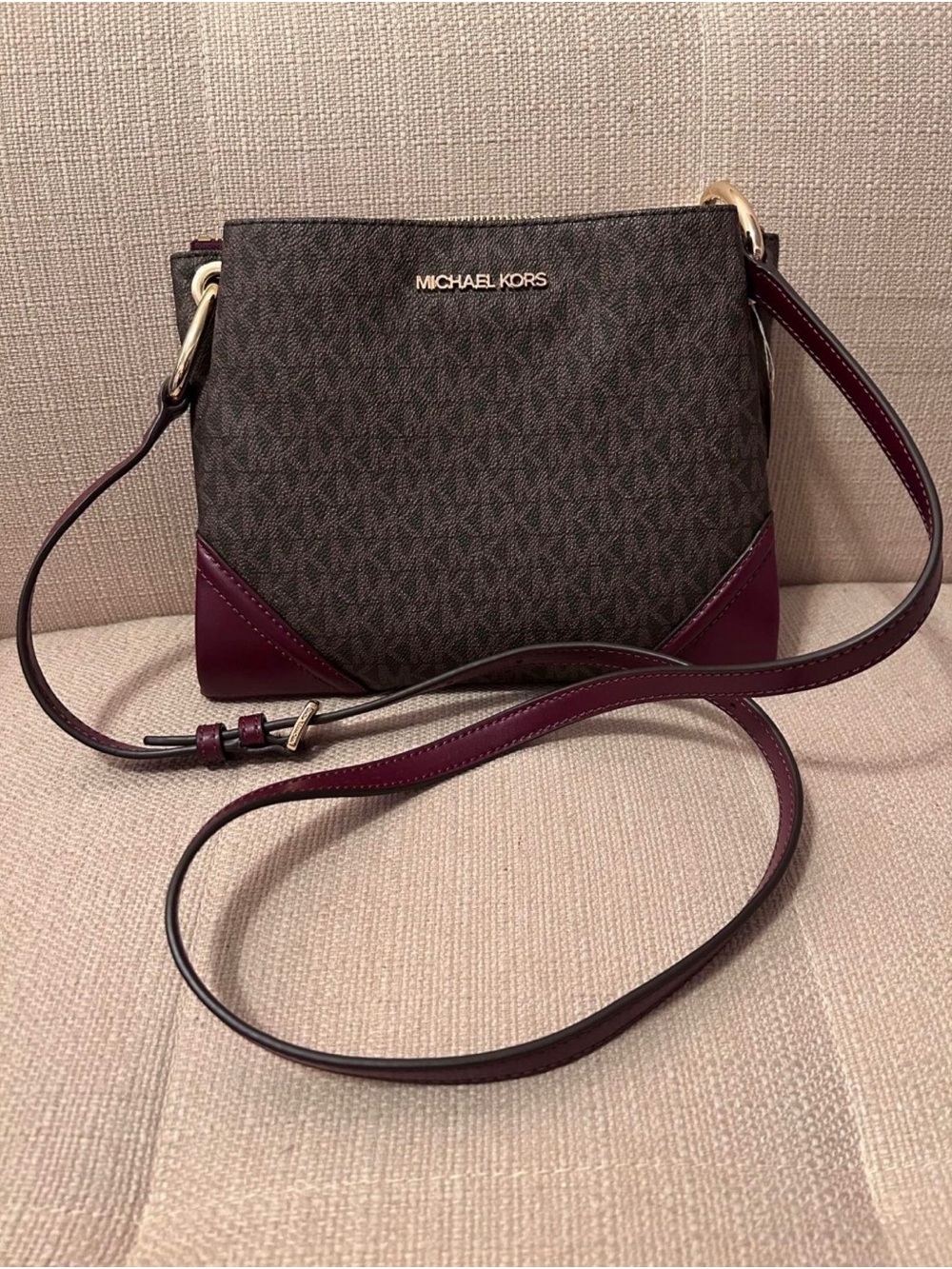 Michael Kors Brown Monogram Crossbody with Plum Accents